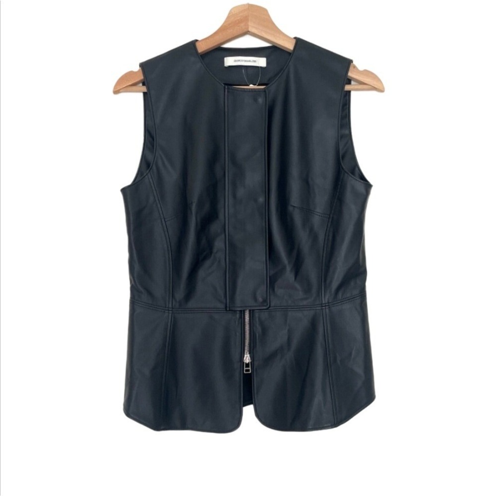 NWT $495 Cedric Charlier Faux Leather Sleeveless Front Zip Top Vest Sz 42 / 8 US